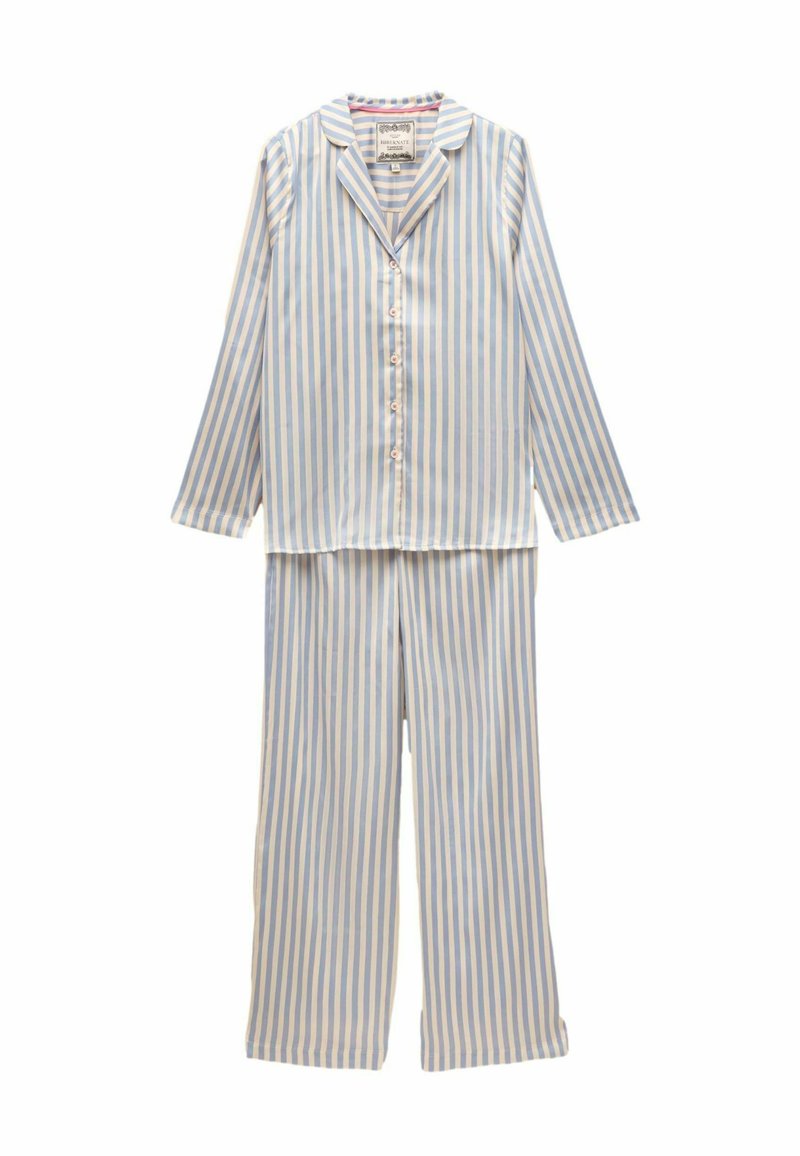 Striped pajama set in light blue and cream, featuring long sleeves, a button-up top, and wide-leg pants. Soft fabric with a smooth texture.