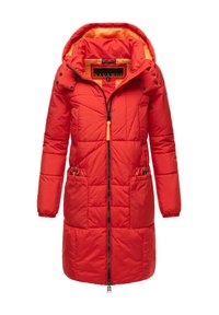 Red padded coat with a zip front, detachable hood, two front pockets, and contrasting orange lining. Features a geometric quilted design.