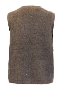 Ärmlös grå stickad tröja med strukturerad yta och små dekorativa paljetter utspridda över ryggen. Normal passform.