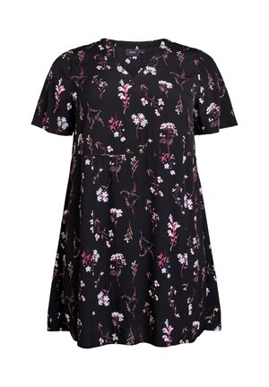 Vestido negro de manga corta con estampado floral en tonos rosa y azul, escote en V y corte en A. Textura de tela suave.