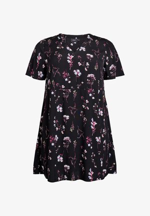 Schwarzes Kurzarmkleid mit floralem Print in Pink- und Blautönen, V-Ausschnitt und A-Linienform. Weiche Stofftextur.