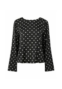 Blusa negra de manga larga con cuello redondo, con un patrón de lunares blancos. Confeccionada en un tejido suave y con un corte holgado.