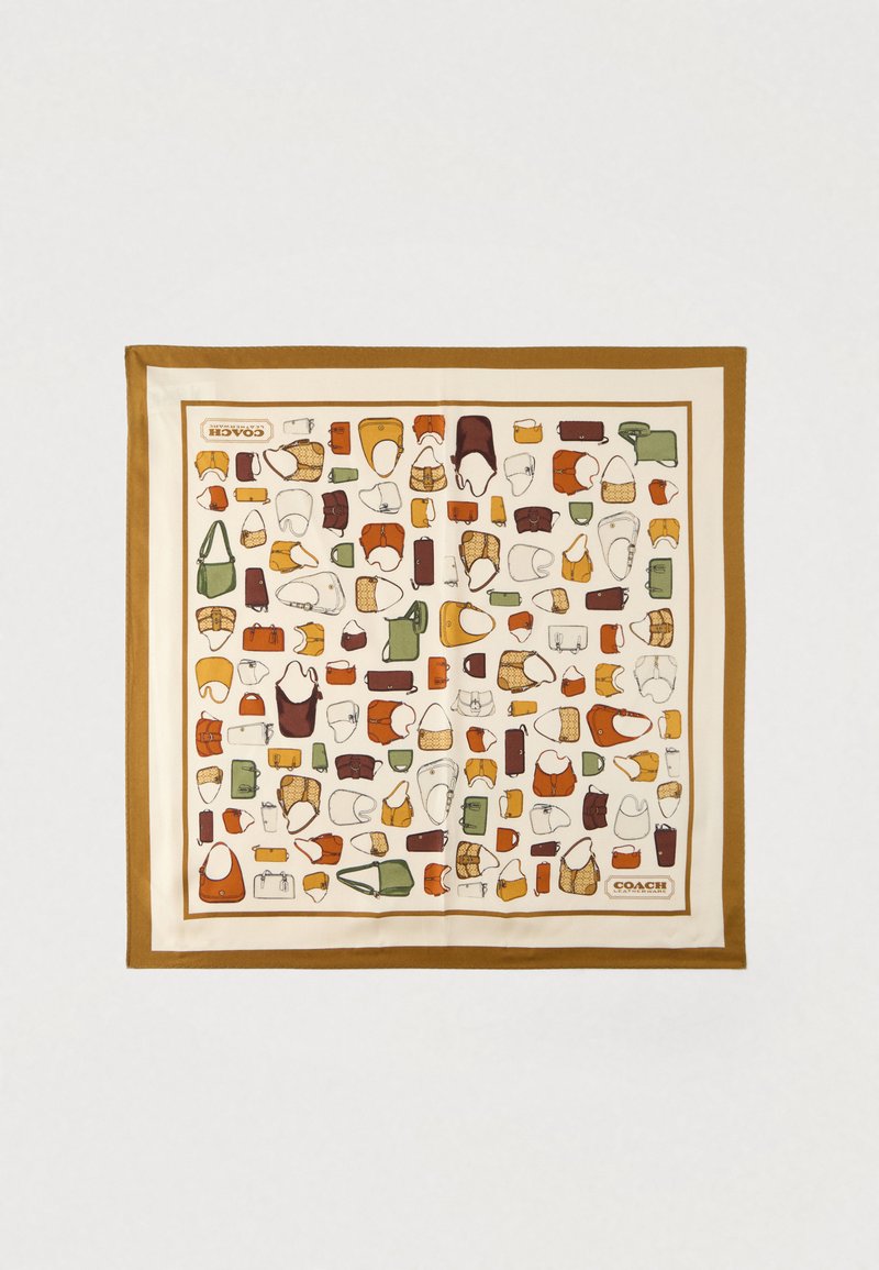 Silk scarf featuring a playful pattern of bags in earthy tones of orange, brown, and green, bordered with a solid brown trim.