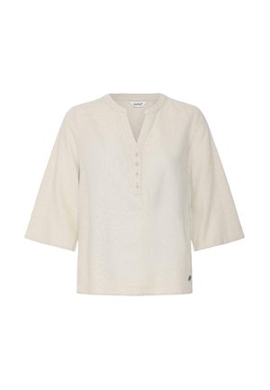 Beežika kolmeveerandvarrukatega pluus V-kaelusega ja nelja eest nööbiga, millel on lõdvestunud istuvus ja ümar krae.