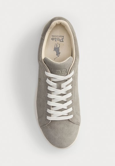 Gray suede sneaker with white laces and cushioned collar, Polo Ralph Lauren logo on insole, viewed from above on a white background.