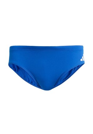 Slip da bagno blu in tessuto liscio, caratterizzati da un design a vita bassa e una sottile fascia elastica in vita. Include un logo del marchio bianco sul lato.