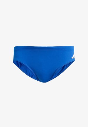 Slip da bagno blu in tessuto liscio, caratterizzati da un design a vita bassa e una sottile fascia elastica in vita. Include un logo del marchio bianco sul lato.