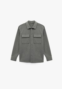 Graues Hemd mit Knöpfen aus Stoff mit strukturierter Oberfläche. Verfügt über zwei Brusttaschen, einen Kragen und lange Ärmel mit Knopfmanschetten.