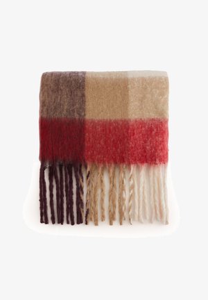 Raudona, smėlio spalvos ir ruda languota šalikėlė, pagaminta iš vilnos, su įvairių atspalvių kutais. Minkšta tekstūra ir jauki išvaizda.