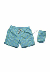 Shorts da mare blu con motivo di farfalle gialle, vita elastica, coulisse e sacchetto di stoccaggio coordinato. Realizzati in materiale leggero.