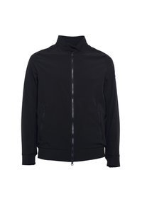 Giacca nera con zip realizzata in tessuto liscio e leggero. Presenta un colletto alto, due tasche laterali e maniche con polsini per un look aderente.