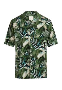 Kortærmet skjorte med et livligt palmebladsmønster i grøn, hvid og sort. Fremstillet af letvægtsstof med knappelukning foran.