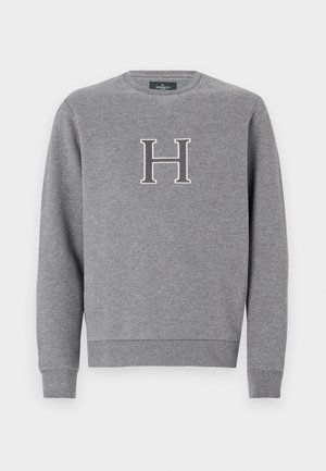 Gray sweatshirt with a crew neckline, ribbed cuffs, and hem. Features a contrasting embroidered letter "H" on the chest. Smooth texture.