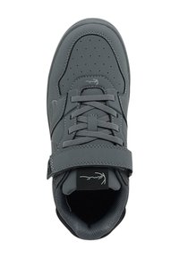 Gray athletic shoe with laces and a Velcro strap, padded collar, and perforated toe area, viewed from above.