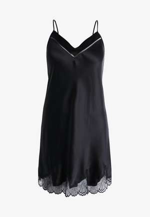 Négligé en satin noir avec des fines bretelles, décolleté en V et bord en dentelle à l'ourlet. Texture lisse ; design fluide avec une coupe au niveau des genoux.