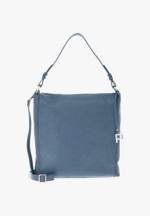 Sac à main en cuir bleu au design plat, avec une bandoulière, des accents en métal et une fermeture zippée en haut.