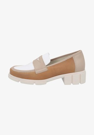 Tan and cream slip-on loafers with a block heel; smooth leather upper, featuring a white cap toe and strap detail across the vamp.