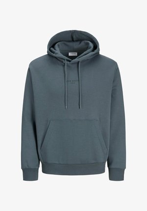 Duks s kapuljačom tamno tirkizne boje, izrađen od mješavine pamuka. Ima prednji džep u obliku kengura i mali tekstualni grafički detalj na prsima. Rebrasti manšeti i rub.