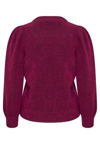 Pull-over bordeaux à col rond, manches longues bouffantes et motif en tricot texturé. Détails avec poignets et ourlet côtelés.