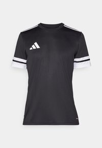 Black athletic shirt featuring short sleeves, white stripes at the cuffs, and a white logo on the chest. Made from breathable material.