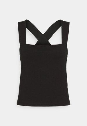 Débardeur noir avec des bretelles croisées et un décolleté carré. Fabriqué en tissu lisse avec un design sans ornements et une silhouette ajustée.