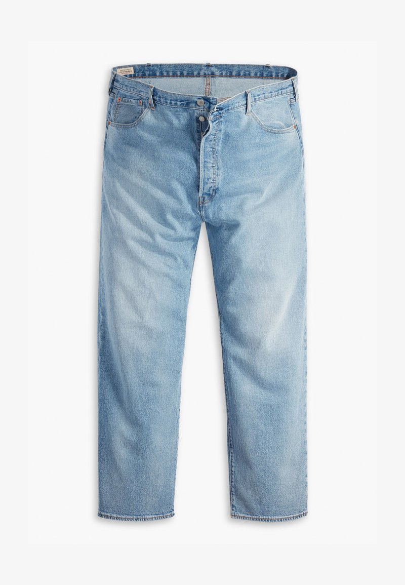 Lyseblå denimbukser med en afslappet pasform, fem lommer, knaplukning og kontrastsyninger langs sømmene.