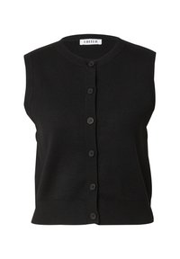 Zwarte mouwloze gebreide cardigan met een ronde hals en een knoopsluiting aan de voorkant. Heeft ribgebreide randen en een licht getailleerde pasvorm.