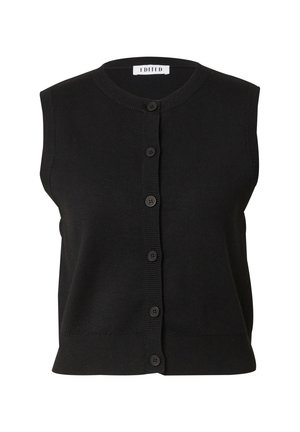 Schwarze ärmellose Strickweste mit rundem Ausschnitt und durchgehendem Knopfverschluss. Verfügt über gerippte Kanten und eine leicht taillierte Form.