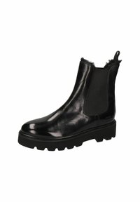 Zwarte leren enkelboots met een glanzende afwerking, elastische zijkanten, een met bont gevoerde kraag en een dikke rubberen zool met een profielpatroon.