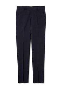 Pantalones azul marino con corte recto, confeccionados en tela ligera, con bolsillos laterales y cierre de botón para un ajuste seguro.