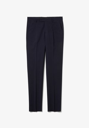 Marineblauwe broek met rechte pijpen, gemaakt van lichtgewicht stof, voorzien van zijzakken en een knoopsluiting voor een stevige pasvorm.