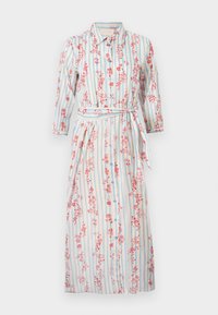 Cvečni srajčni obleki z modrimi in belimi vertikalnimi črtami; vključuje tričetrtinske rokave, pas z vezanjem in nabrano krilo.