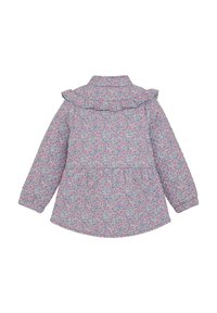Manteau à imprimé floral dans des nuances de violet, rose et bleu. Il présente un col froncé, des manches longues et une taille froncée. Tissu doux et texturé.