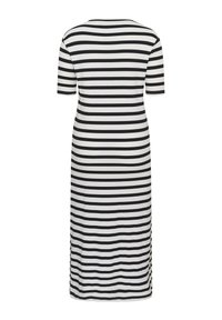 Robe midi à rayures horizontales noires et blanches, manches courtes et encolure ronde, vue de dos.