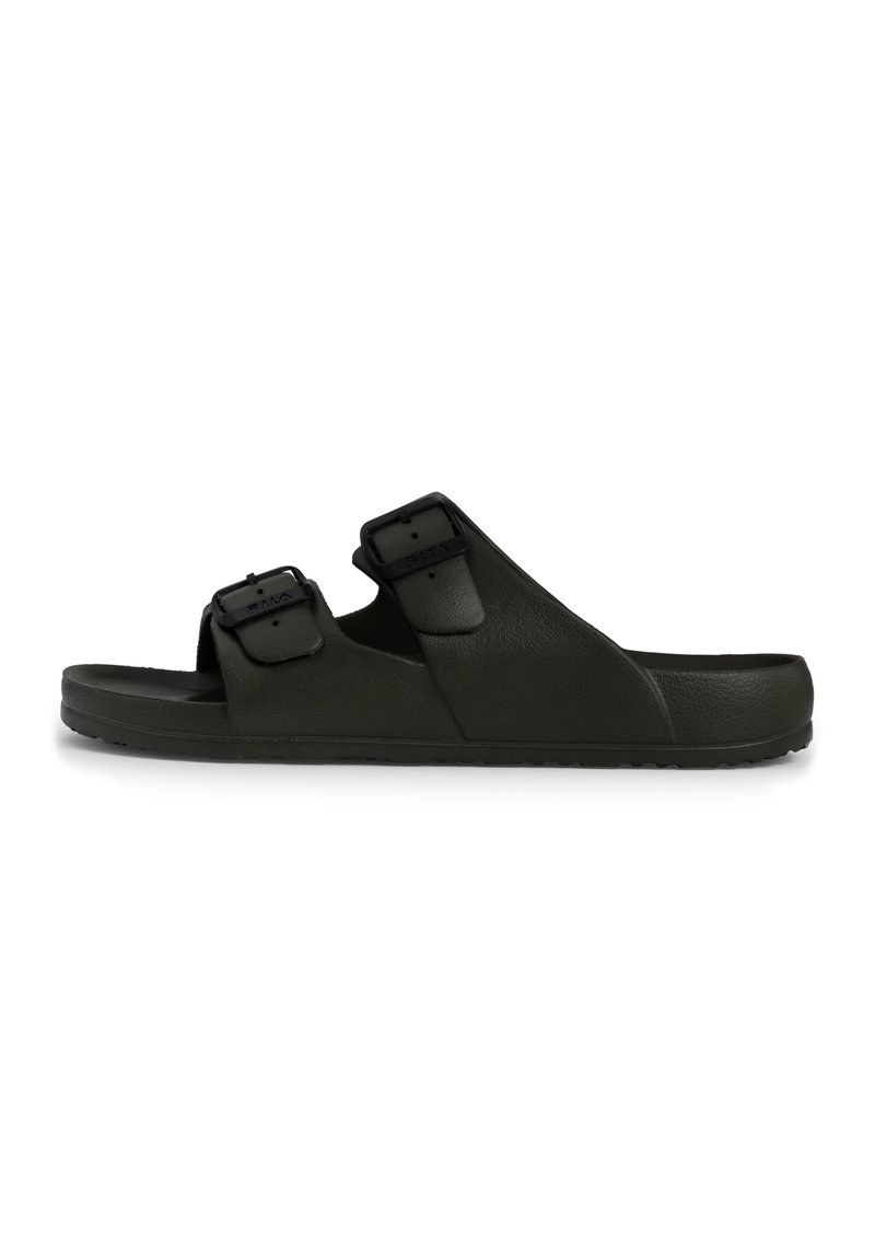 Dark green sandals feature two adjustable straps with black buckles, a textured upper, and a contoured footbed for comfort. Flat sole design.