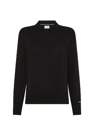 Maglione polo nero a maniche lunghe con texture a coste, placca con tre bottoni e logo discreto sul maniche. Tessuto a maglia liscia.