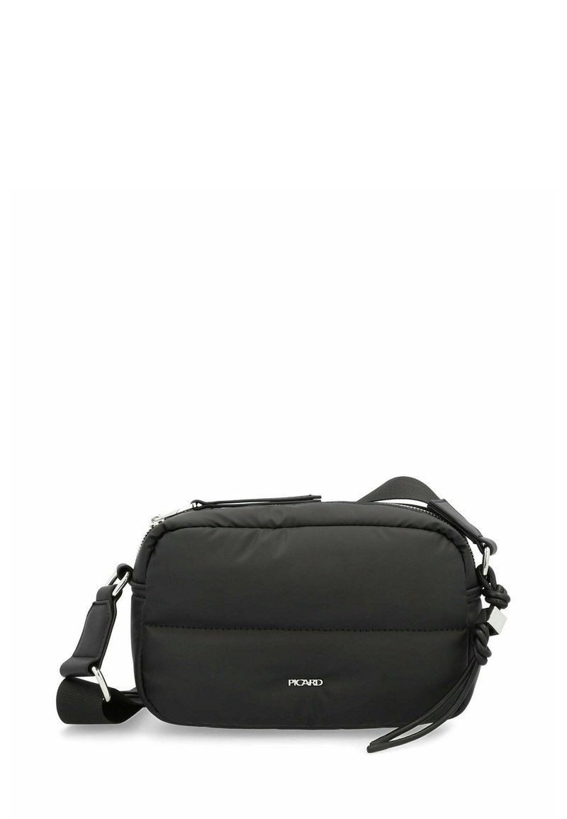 Borsa a tracolla nera realizzata in materiale morbido e imbottito con forma rettangolare. Caratterizzata da hardware argento e una tracolla regolabile.