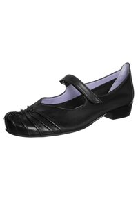 Ballerine in pelle nera con cinturino alla Mary Jane, dettaglio sulla punta arricciato e fodera interna viola. Design con tacco basso, texture liscia.