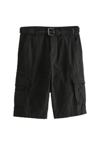 Sorte cargo shorts lavet af letvægtsmateriale, med flere lommer, et bælte med metalspænde og en afslappet pasform.