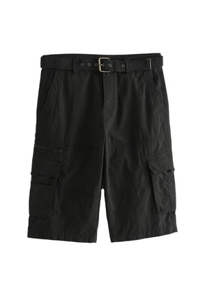 Black cargo shorts made of lightweight fabric, featuring multiple pockets, a belt with a metal buckle, and a relaxed fit design.
