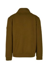 Olivgrüner Pullover mit einem strukturierten Muster aus erhöhten Zickzacklinien. Verfügt über einen hohen Kragen sowie gerippte Bündchen und Saum.