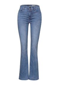 Jean évasé pour femme à taille haute de couleur bleu clair, avec deux boutons, poches avant et légers effets délavés.