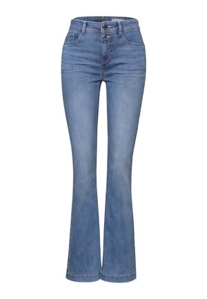 Jean évasé pour femme à taille haute de couleur bleu clair, avec deux boutons, poches avant et légers effets délavés.