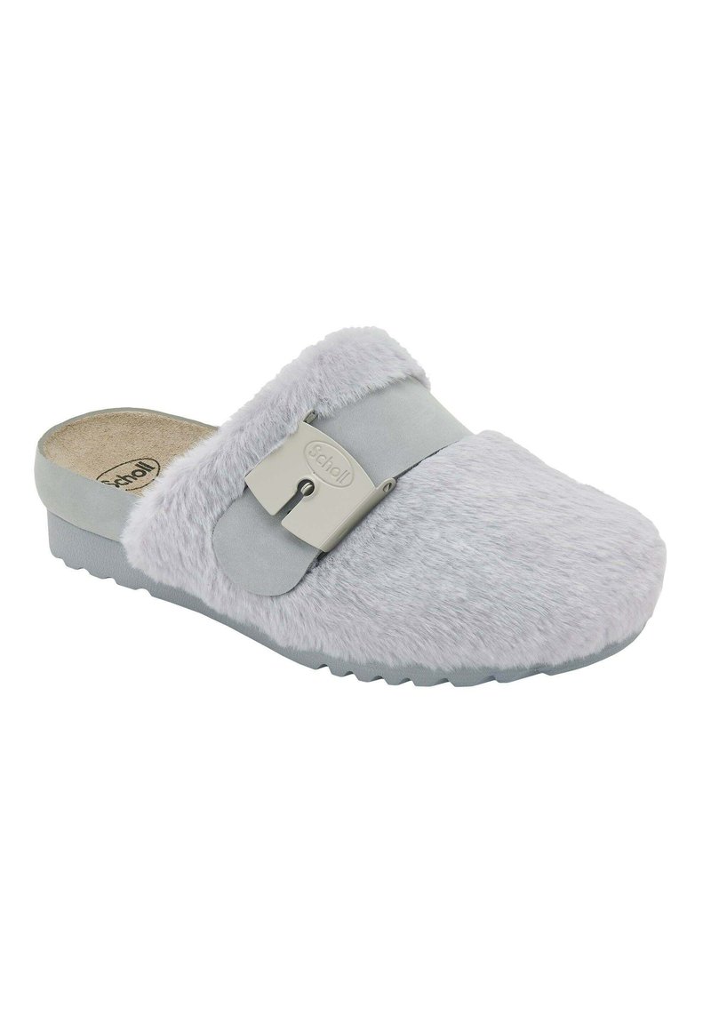 Miękkie szare klapki z górą z sztucznego futra i zamszowym paskiem. Wyposażone w metalową klamrę oraz teksturowaną gumową podeszwę dla lepszej przyczepności i wygody.