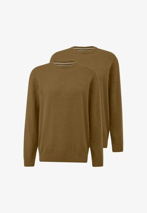 To brune crewneck sweatere med lange ærmer vist overlappende, med ribbede manchetter og kant, på hvid baggrund.
