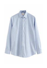 Himmelblau kariertes Langarmhemd aus Baumwolle mit Button-Down-Kragen, Vorderknöpfen und gerader Schnittführung sowie einer glatten Textur.
