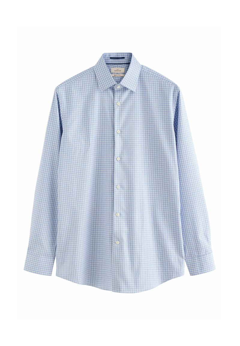 Himmelblau kariertes Langarmhemd aus Baumwolle mit Button-Down-Kragen, Vorderknöpfen und gerader Schnittführung sowie einer glatten Textur.