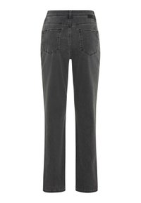Grå denim jeans med lige ben, fem lommer og en mellem-høj talje. Syet detaljering langs sømmene.