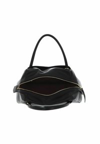 Sac à main en cuir noir avec deux anses, fermeture à zip et intérieur rouge. Il présente une texture lisse et un matériel de zip doré.