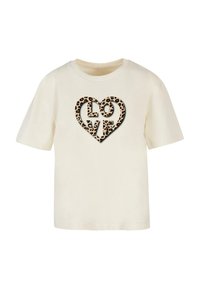 Krémové tričko s krátkými rukávy s leopardím potiskem ve tvaru srdce a slovem "LOVE" uprostřed. Měkká bavlněná tkanina, volný střih.